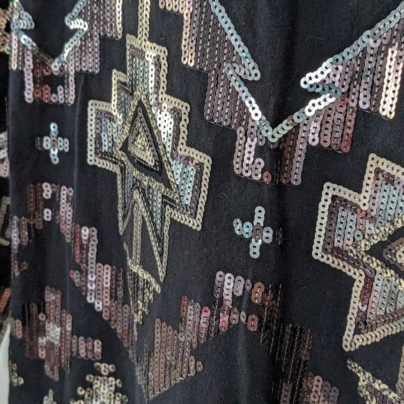 Express Dress Women's sz XS Black Gold Sequined Aztec Mini Cocktail Bodycon - Picture 2 of 5